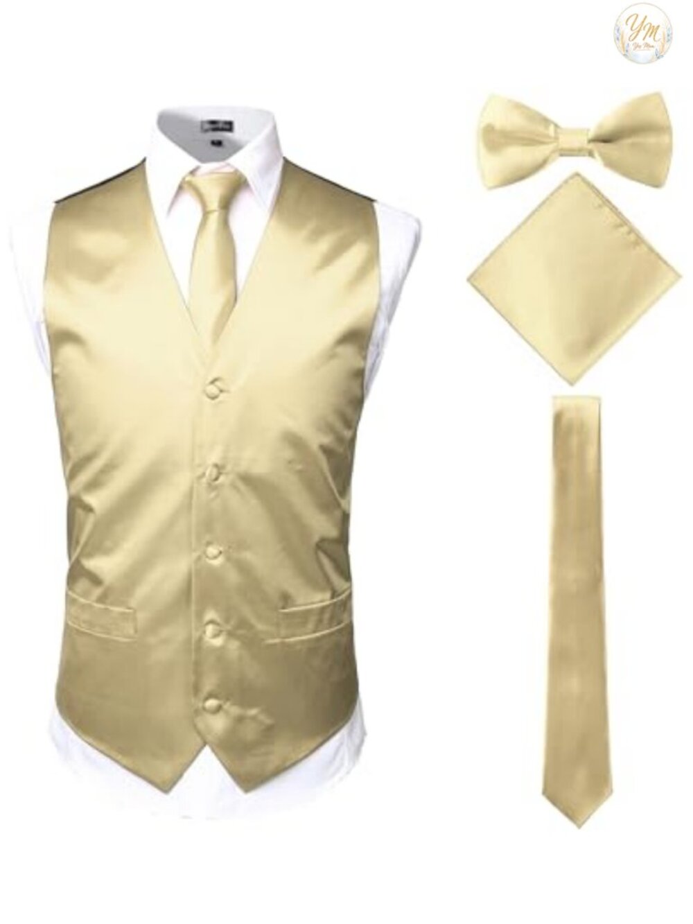 Men's Shiny Satin 4pc Vest Necktie Bowtie Pocket Square Set Slim Fit Formal